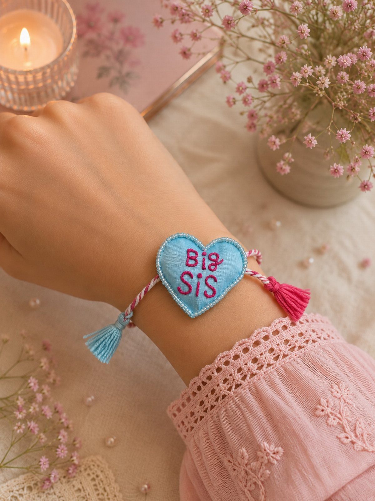 Blue heart-shaped Big Sis bracelet on a wrist with pink floral background