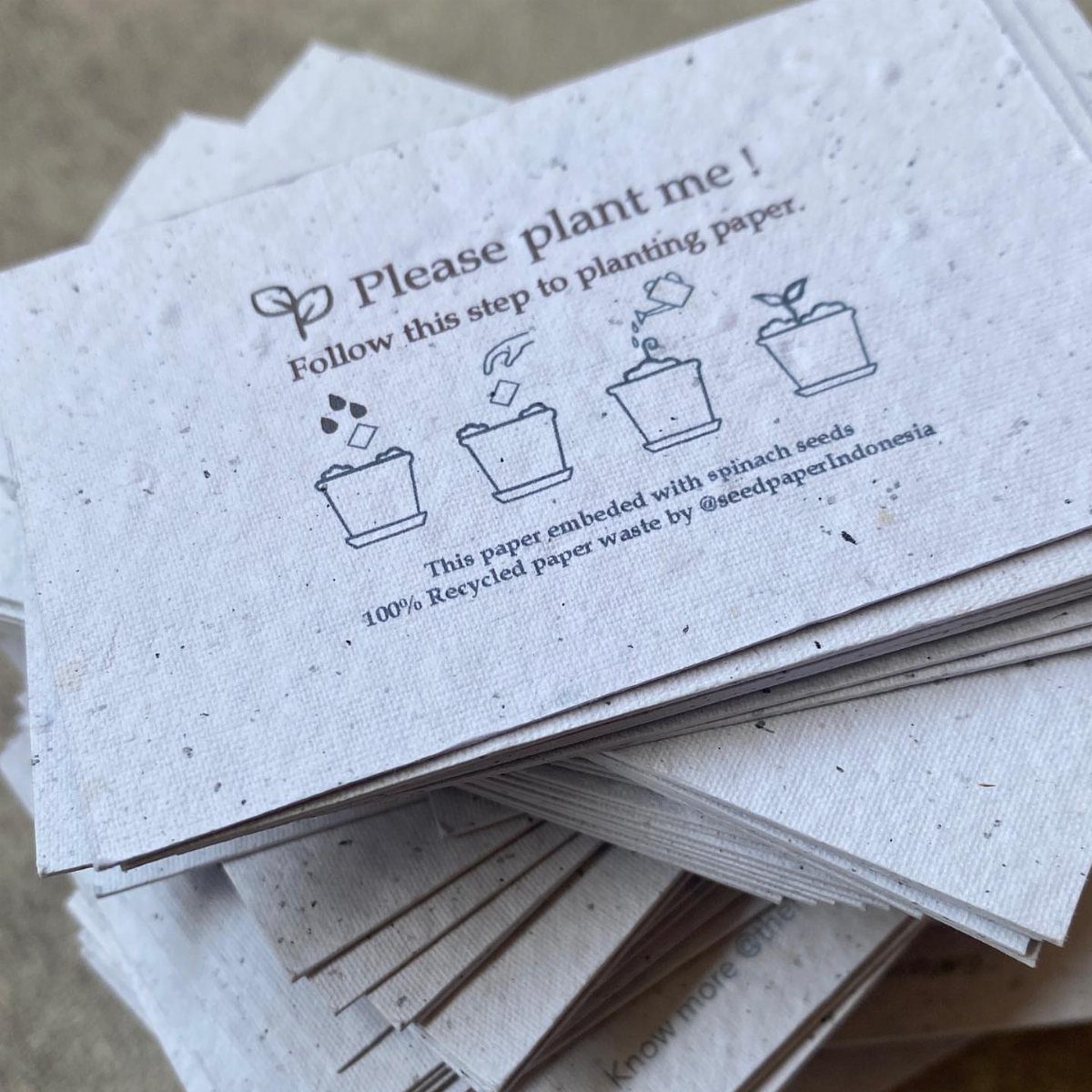 Recycled seed paper cards with instructions to plant them to grow spinach.
