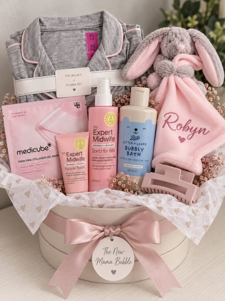 Gift basket for new mother with robe, skincare, and pink baby accessories.