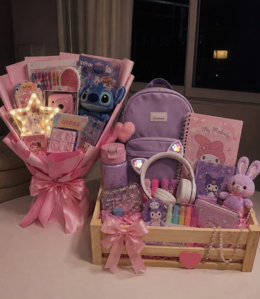 Pink gift bouquet and wooden crate filled with purple stationery and plush toys.