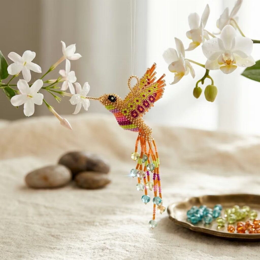 Beaded hummingbird ornament with colorful crystals hanging near white orchid flowers
