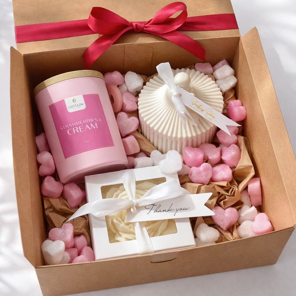 Gift box with pink and white candles and heart-shaped marshmallows tied with red ribbon.