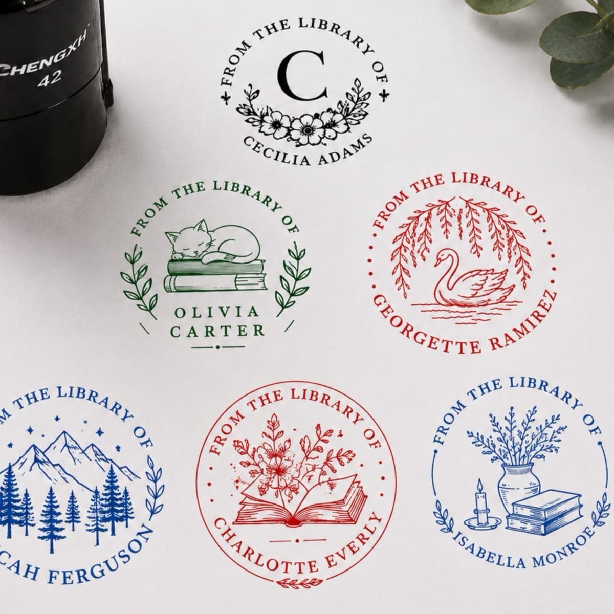 Six circular personal library stamps with various designs and names on white paper.