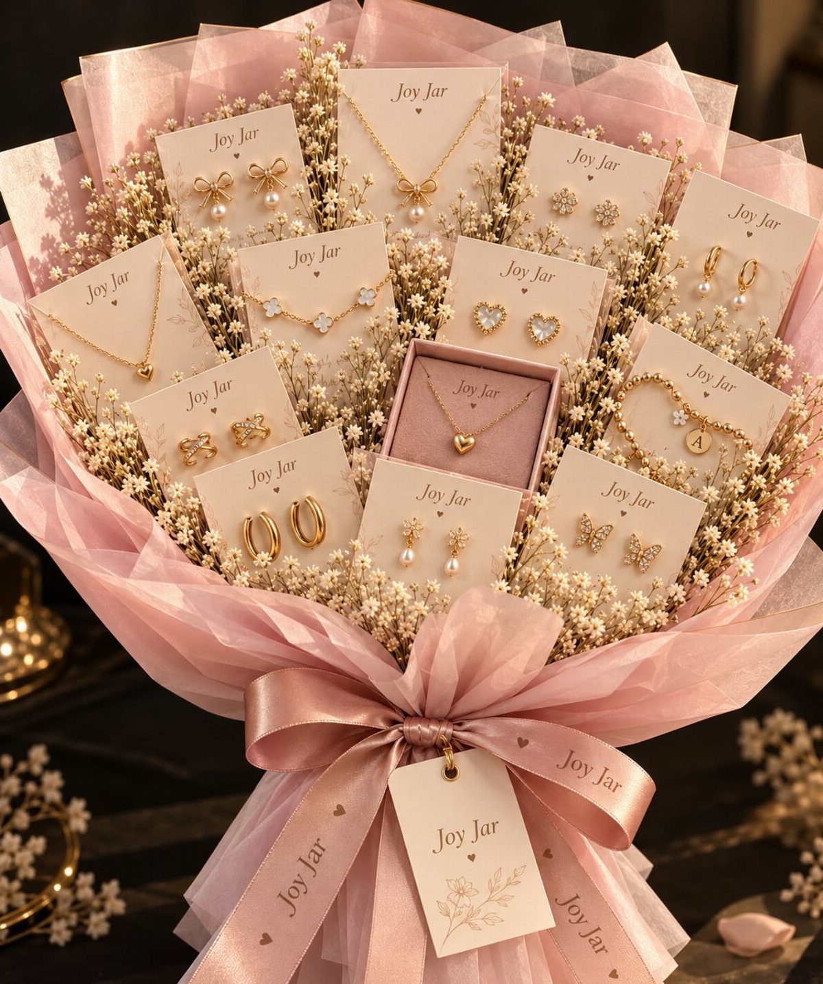 Jewelry bouquet with gold necklaces and earrings nestled in white dried flowers and pink wrapping