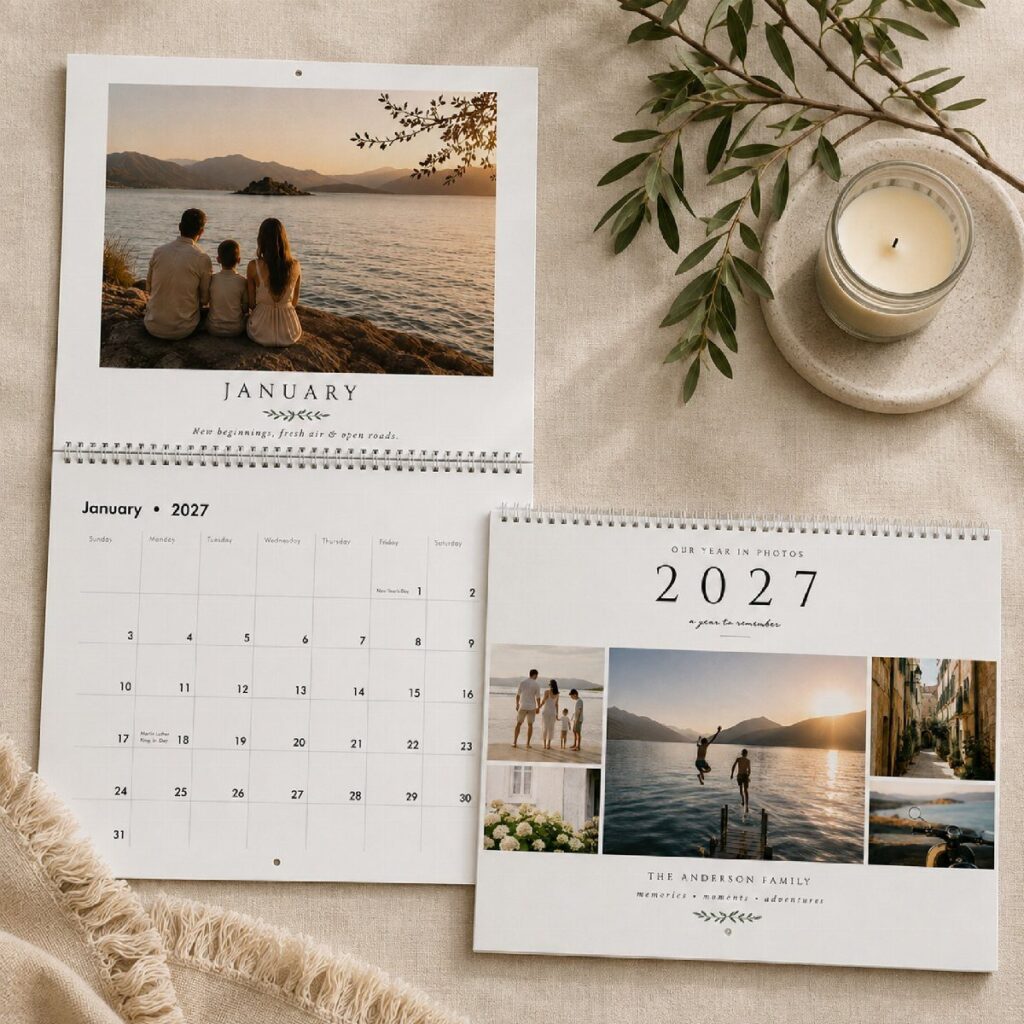 Personalized 2027 family photo calendars resting on a beige cloth with a candle.