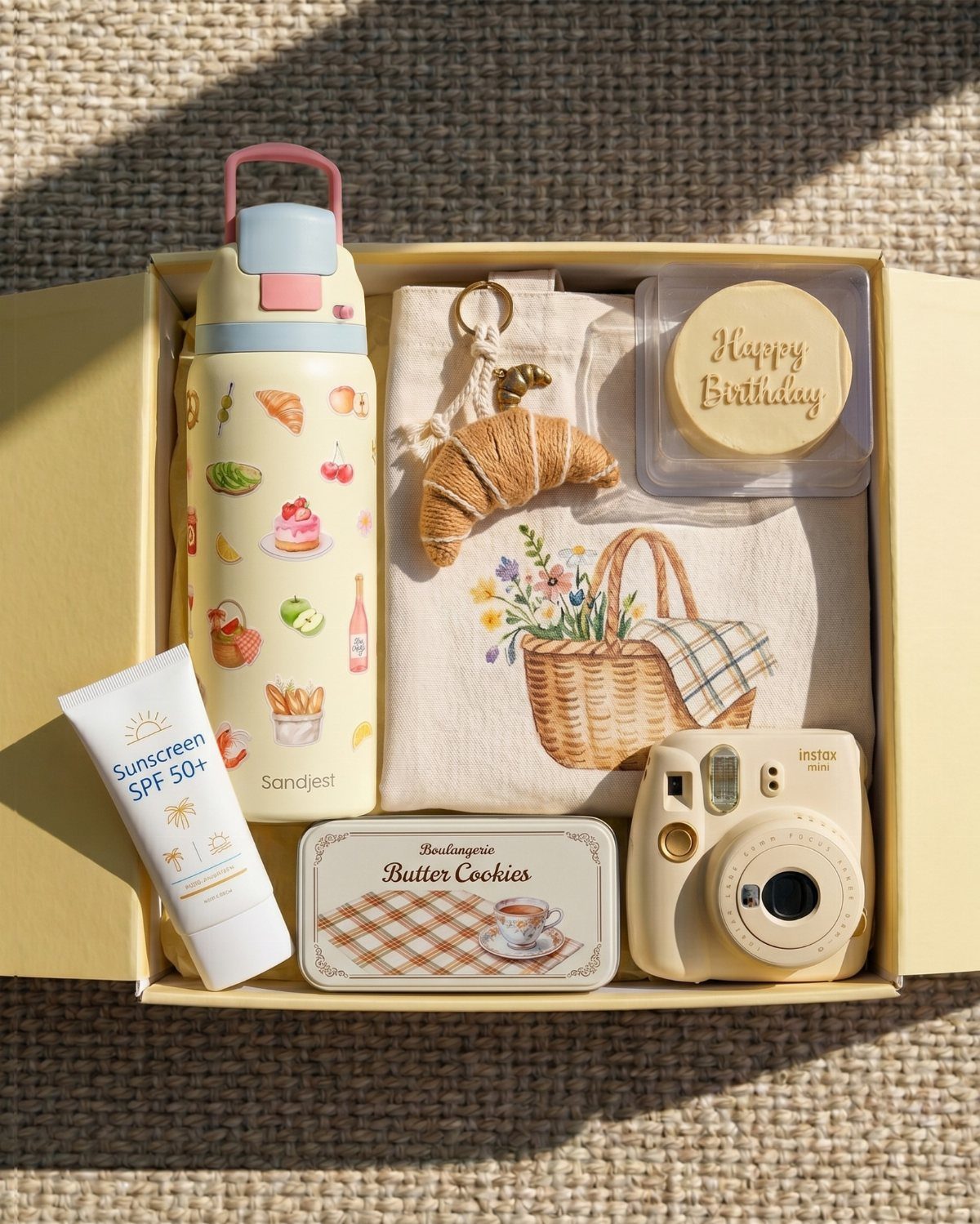 Curated gift box with a camera, water bottle, cookies, and birthday candle.