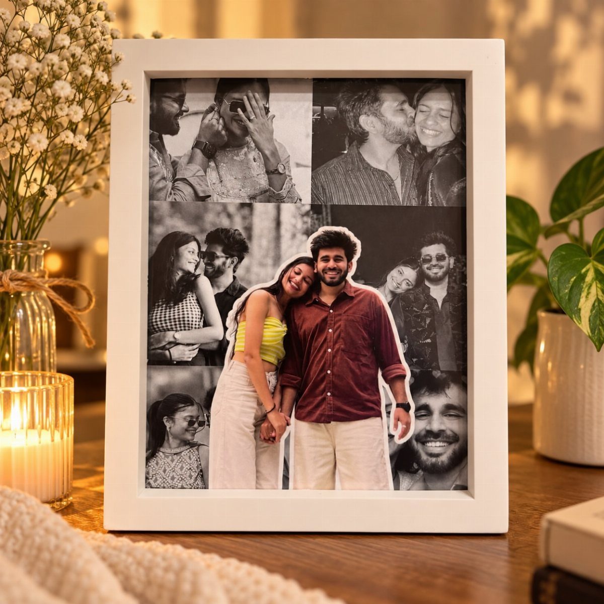 White photo frame containing a collage of couple photos on a wooden table.