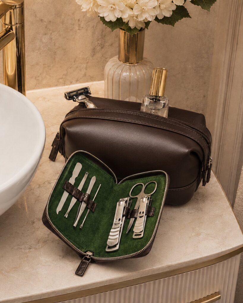 Dark brown leather toiletry bag and grooming kit on a marble bathroom counter.