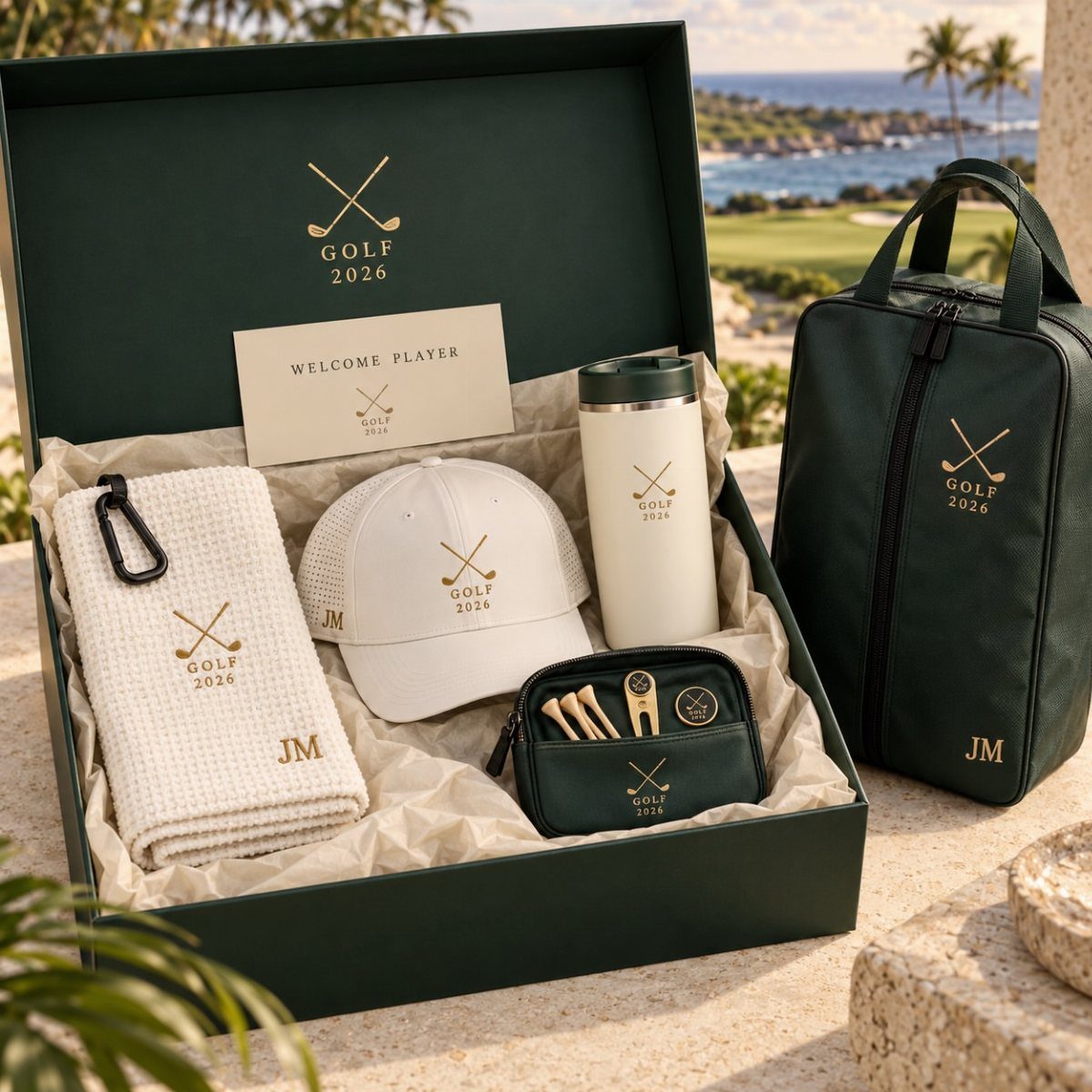 Golf gift set with white cap, towel, and tumbler in a green box.
