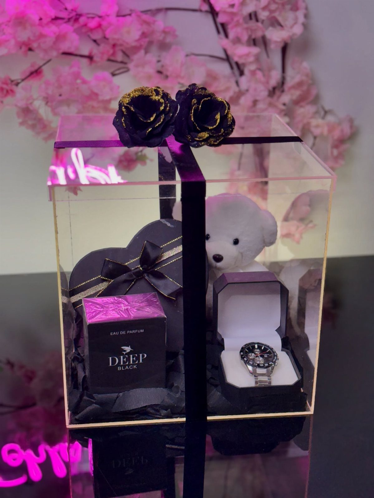 Gift box with perfume, watch, teddy bear, and heart box for him