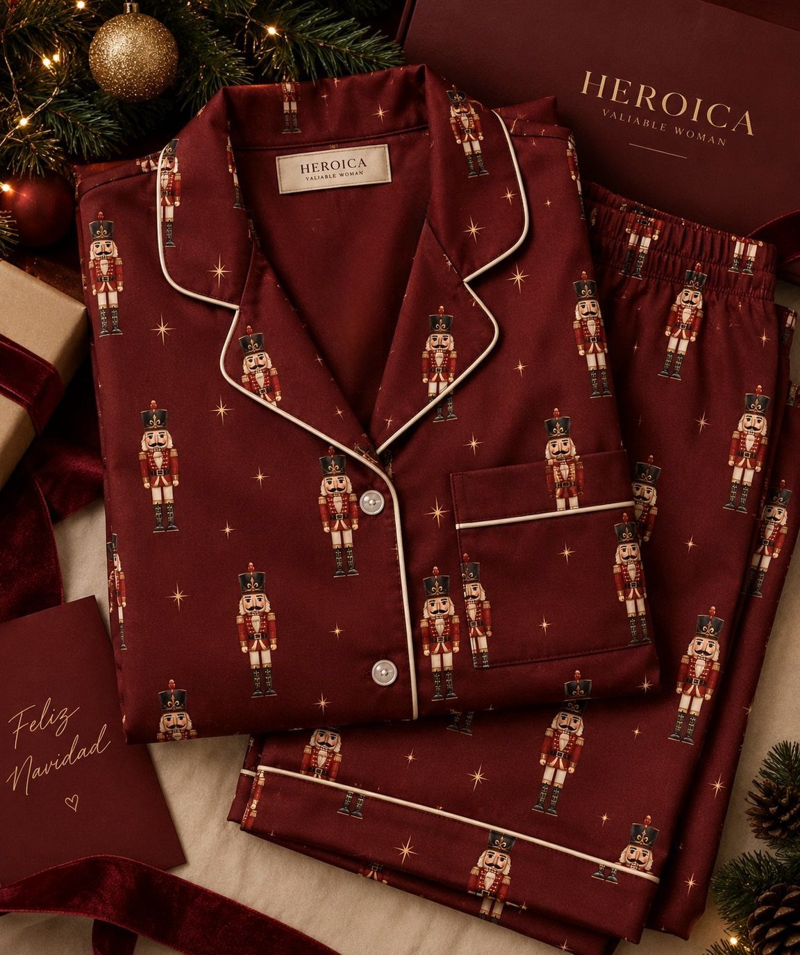 Burgundy satin nutcracker pajamas set with matching gift box and Christmas decorations.
