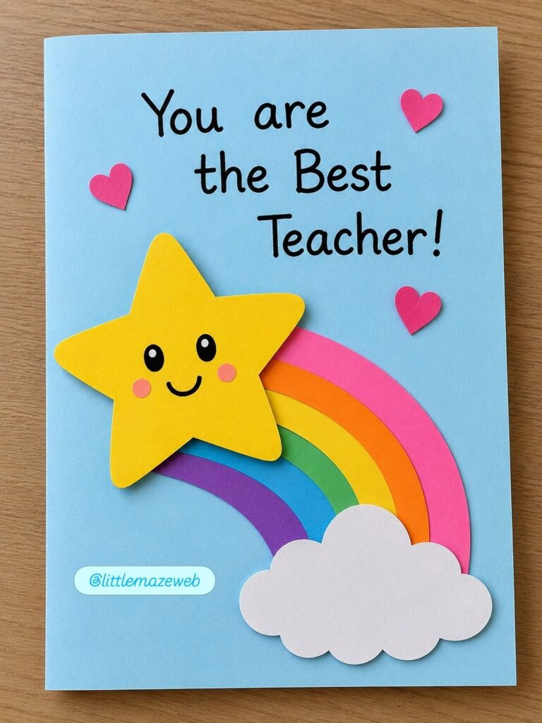 Blue teacher appreciation card with a smiling yellow star and colorful rainbow.