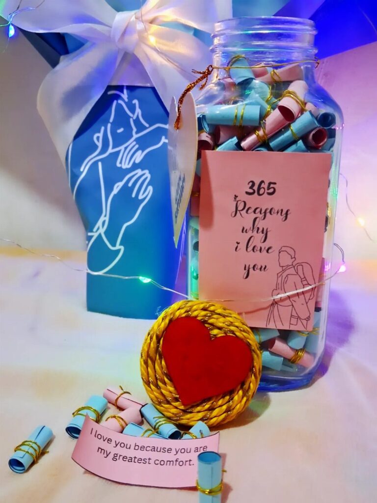 Glass jar filled with rolled colorful notes and a label saying 365 reasons why