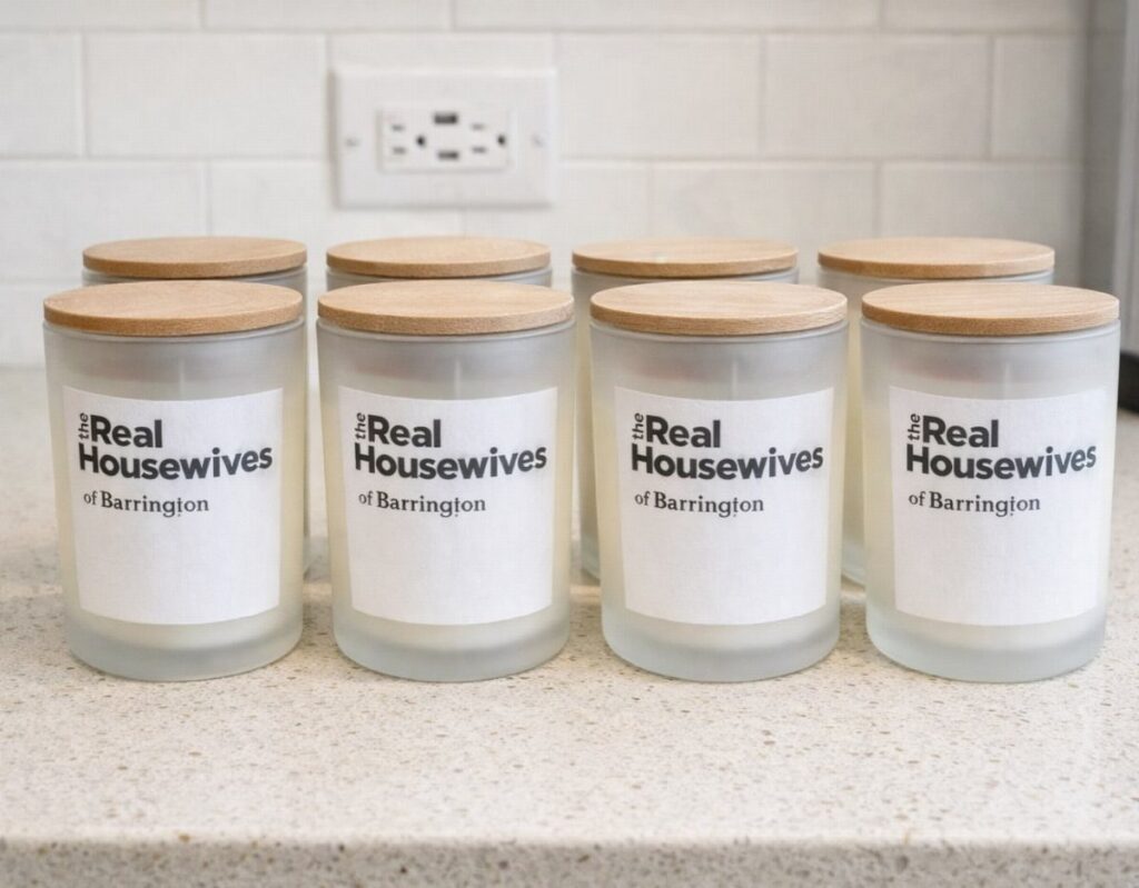 Eight frosted glass candles with wooden lids and personalized labels on a counter.